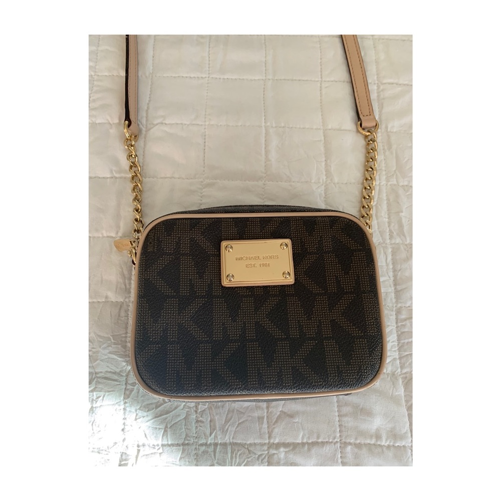 MICHAEL Michael Kors Brown Logo Crossbody with Gold Hardware and Tan Trim